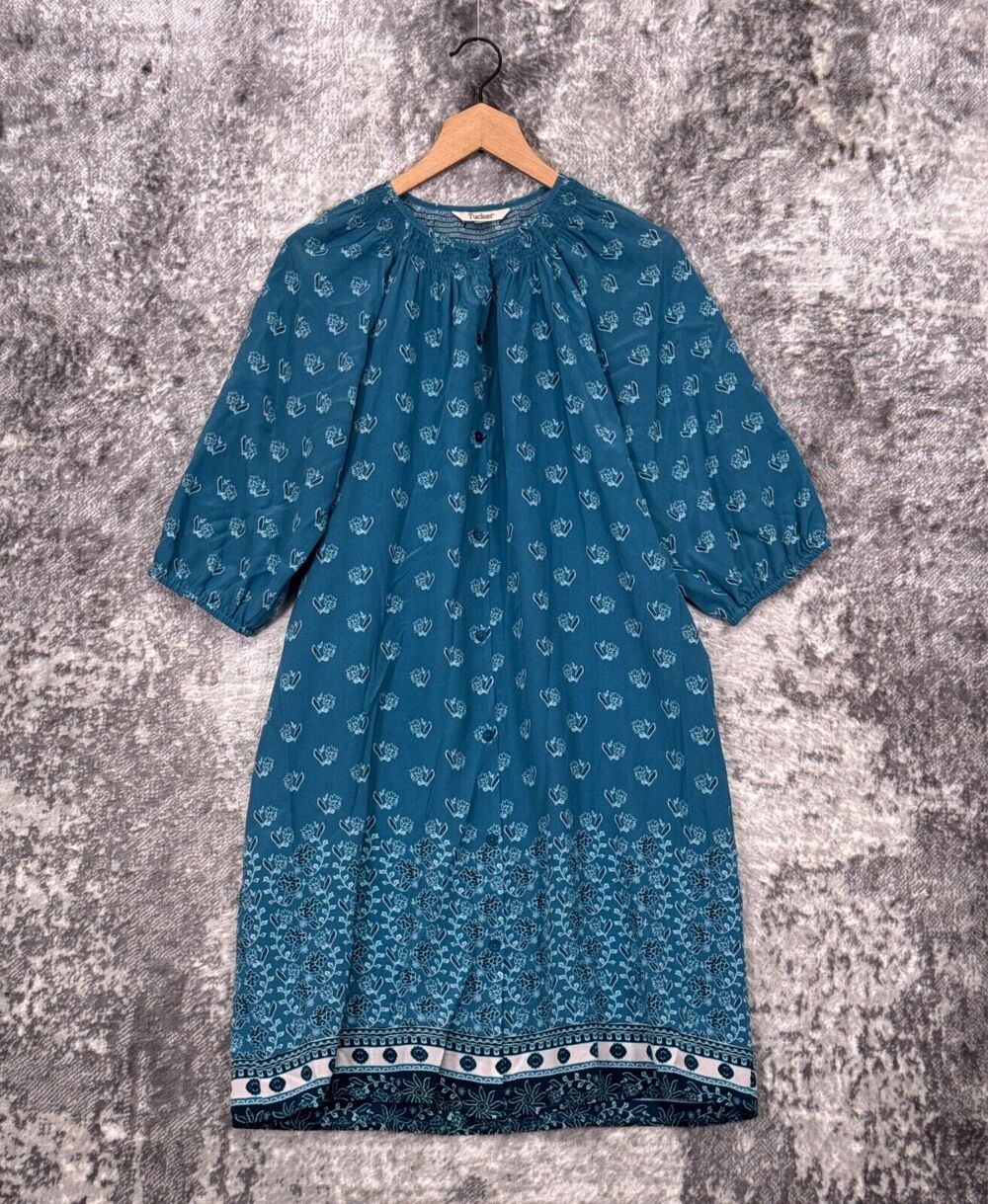 Tucker NYC Dress Medium Womens Teal Blue Floral 100% Silk Kaftan